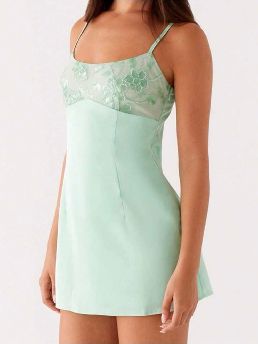 SHEIN Mint Floral Lace Trim Mini Slip Dress